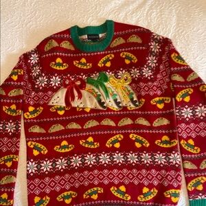 Mens XL like new! Festive Red Sweater with Sombrero and Taco Design Christmas !